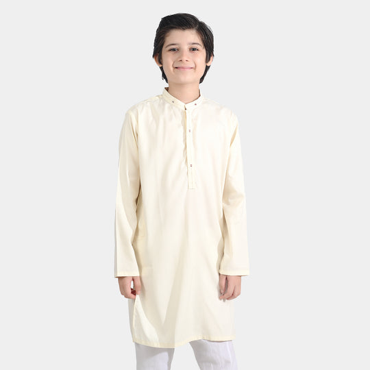 Boys Poly Viscose Embroidered Kurta (Contrast EMB)-Cream