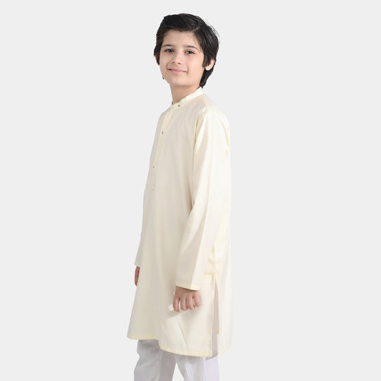 Boys Poly Viscose Embroidered Kurta (Contrast EMB)-Cream