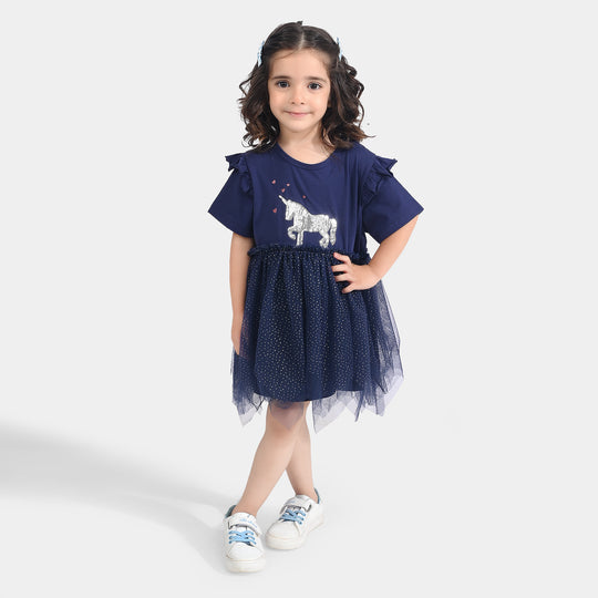 Girls Lycra Jersey Frock-NAVY