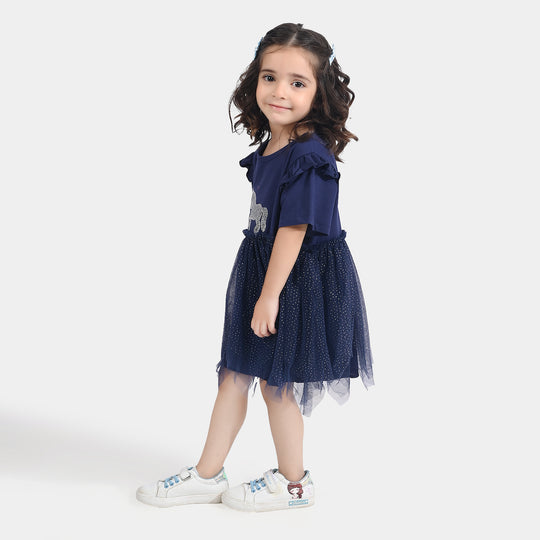 Girls Lycra Jersey Frock-NAVY