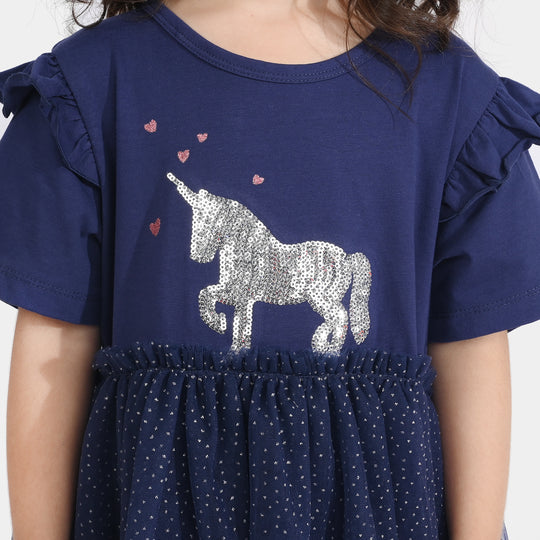 Girls Lycra Jersey Frock-NAVY