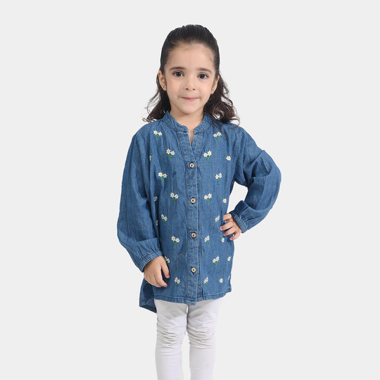 Girls Denim rigid Emb Top Yellow Flowers-Blue