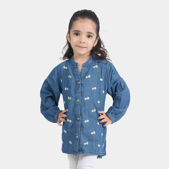 Girls Denim rigid Emb Top Yellow Flowers-Blue