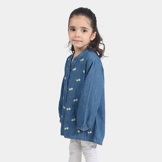 Girls Denim rigid Emb Top Yellow Flowers-Blue