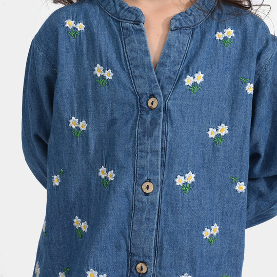 Girls Denim rigid Emb Top Yellow Flowers-Blue