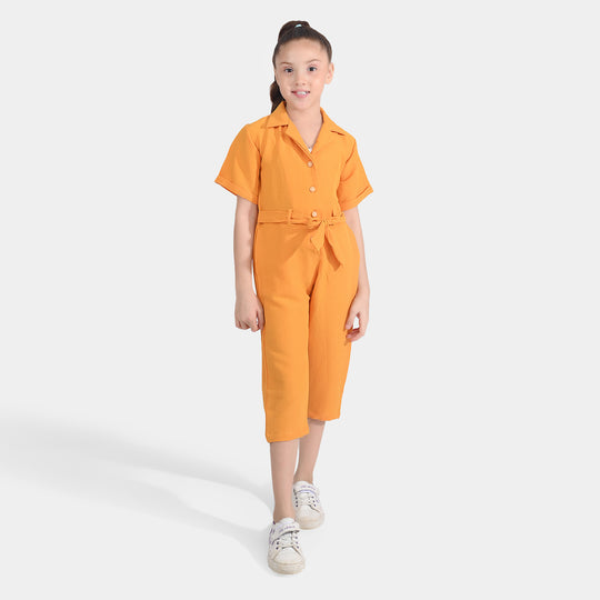 Girls Poly Cotton Jumpsuit Resort Collar-Mustard