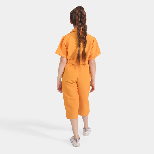 Girls Poly Cotton Jumpsuit Resort Collar-Mustard