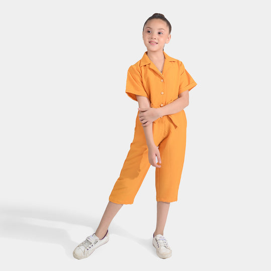 Girls Poly Cotton Jumpsuit Resort Collar-Mustard