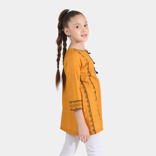 Girls Cotton Slub Emb Kurti-Mustard