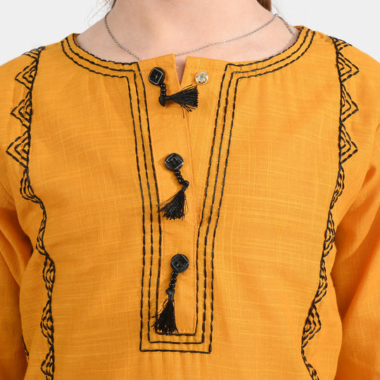 Girls Cotton Slub Emb Kurti-Mustard