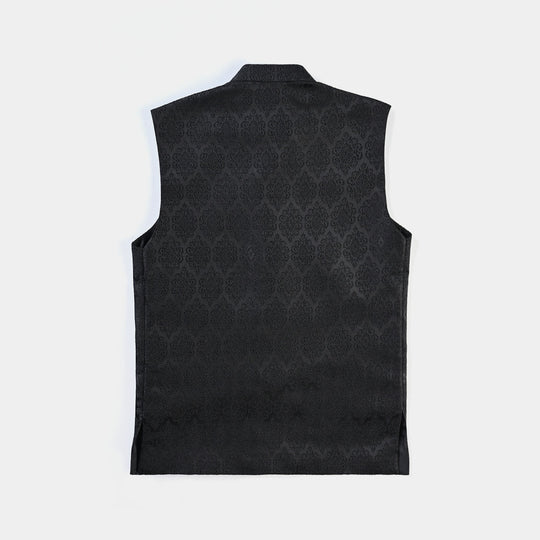 Boys Poly Viscose Waistcoat (Jamawar Black)-BLACK