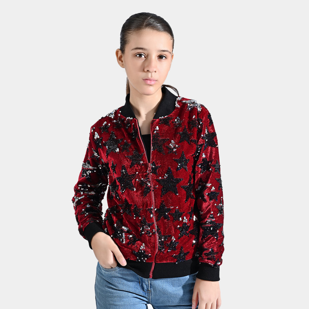 Girls Velvet Sequence Knitted Jacket All Stars-MAROON