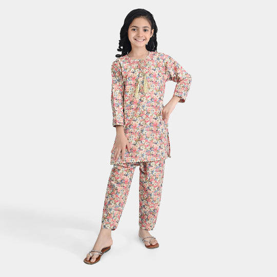 Girls Cotton Poplin Printed & EMB 2Pcs Peach-Multi