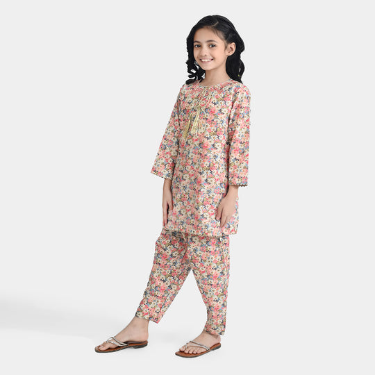 Girls Cotton Poplin Printed & EMB 2Pcs Peach-Multi