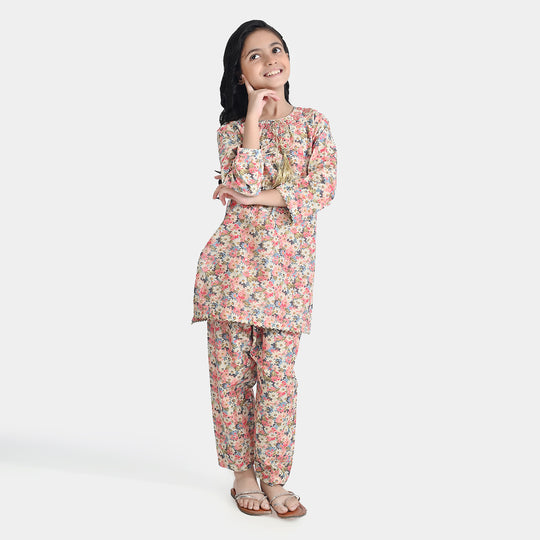 Girls Cotton Poplin Printed & EMB 2Pcs Peach-Multi