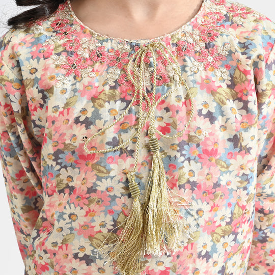 Girls Cotton Poplin Printed & EMB 2Pcs Peach-Multi