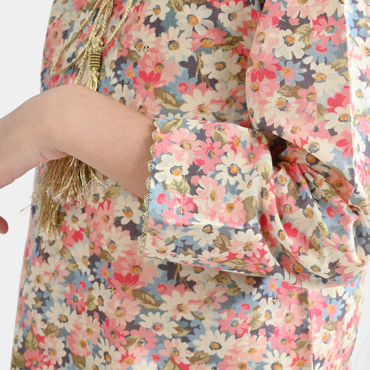 Girls Cotton Poplin Printed & EMB 2Pcs Peach-Multi