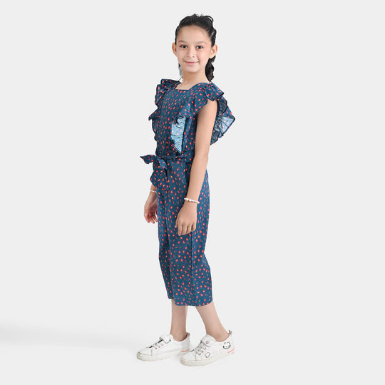 Girls Cotton Poplin Jumpsuit Frill-Multi