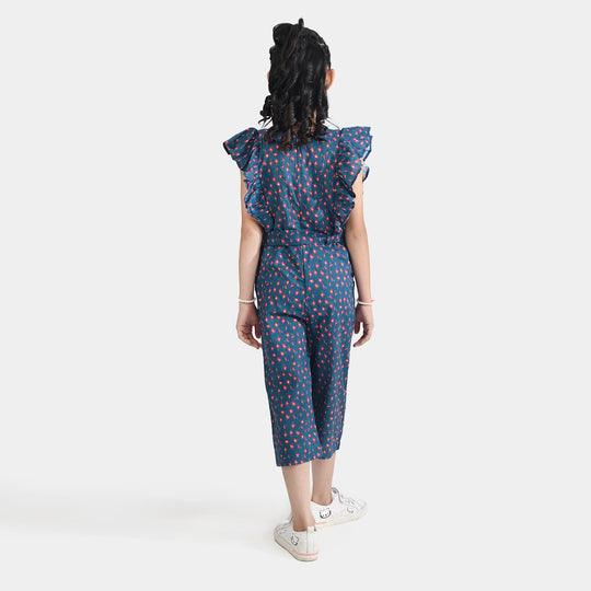 Girls Cotton Poplin Jumpsuit Frill-Multi