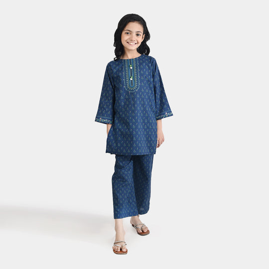 Girls Cotton Poplin Printed 2 Pcs Lotus-Blue