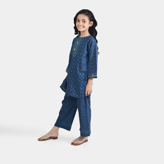 Girls Cotton Poplin Printed 2 Pcs Lotus-Blue