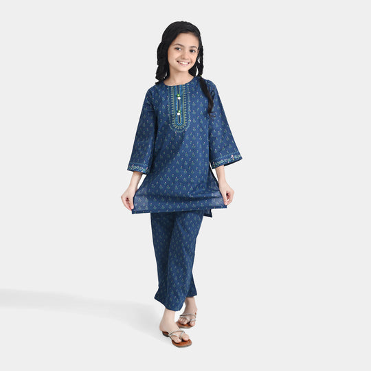 Girls Cotton Poplin Printed 2 Pcs Lotus-Blue