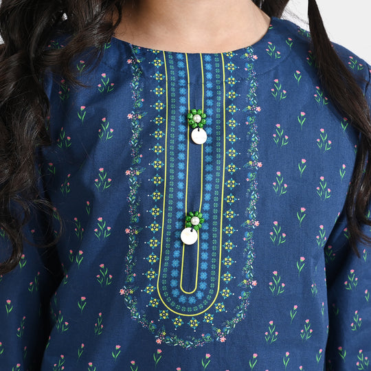 Girls Cotton Poplin Printed 2 Pcs Lotus-Blue