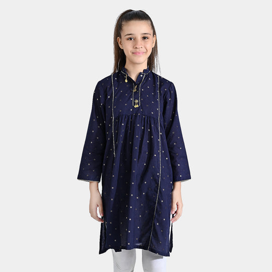 Girls Cotton Poplin Jacquard Long Kurti Stripes-Navy Blue