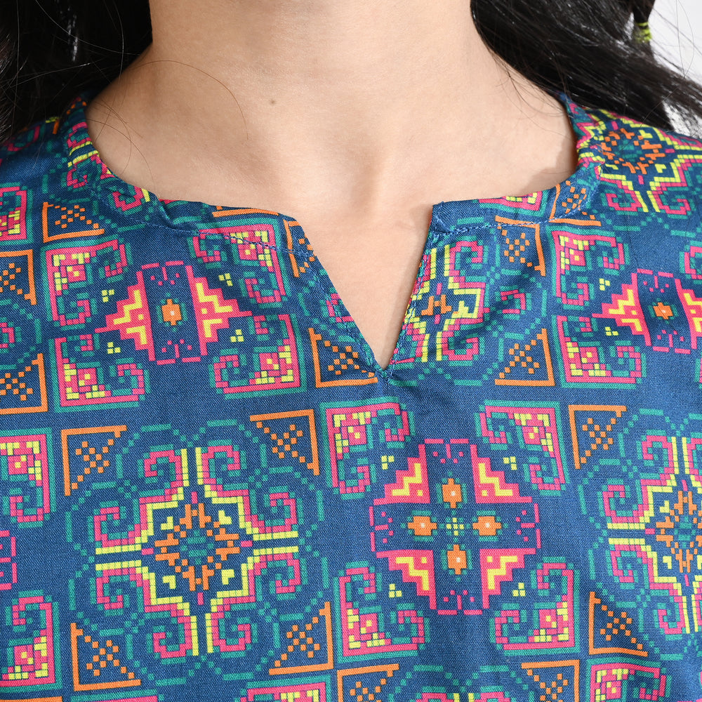 Girls Cotton Poplin Printed Kurti Tribal-Multi