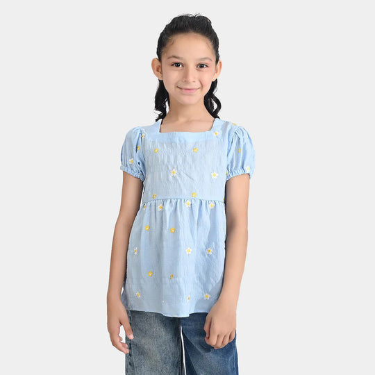 Girls Poly Crinkle Emb Top Bubble Up-Blue