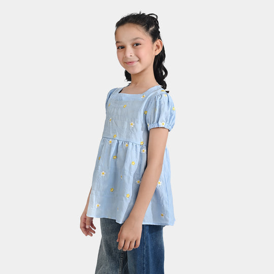 Girls Poly Crinkle Emb Top Bubble Up-Blue