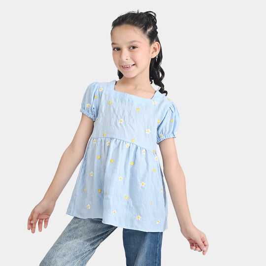Girls Poly Crinkle Emb Top Bubble Up-Blue