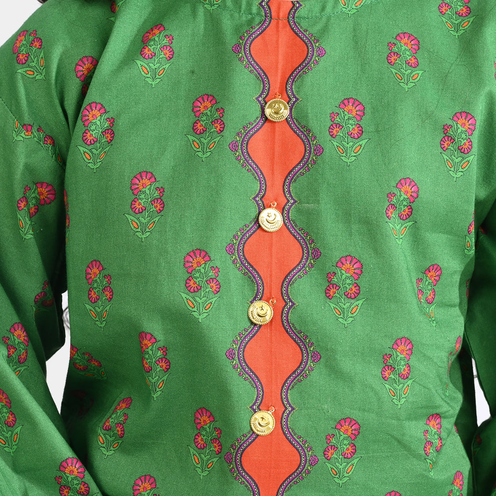 Girls Cotton Poplin Printed Pink Flowers-GREEN