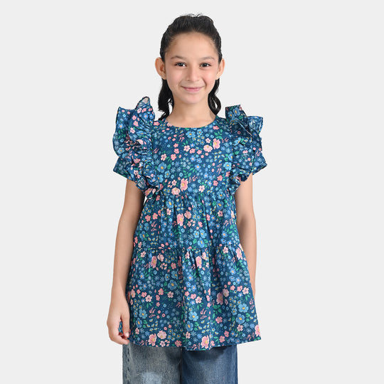 Girls Cotton Poplin Casual Frock Blue Floral-Multi