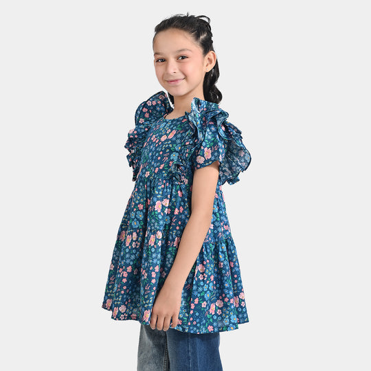 Girls Cotton Poplin Casual Frock Blue Floral-Multi