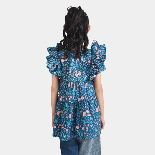 Girls Cotton Poplin Casual Frock Blue Floral-Multi