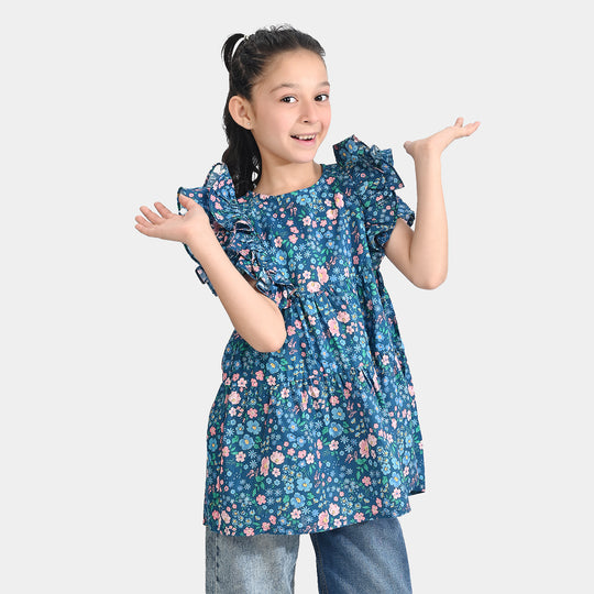 Girls Cotton Poplin Casual Frock Blue Floral-Multi