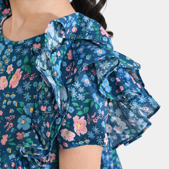 Girls Cotton Poplin Casual Frock Blue Floral-Multi