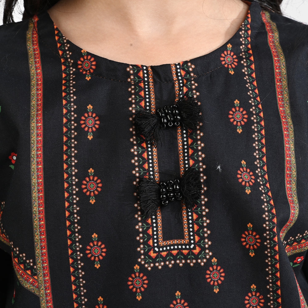 Girls Cotton Poplin Emb Kurti Ethnic-BLACK