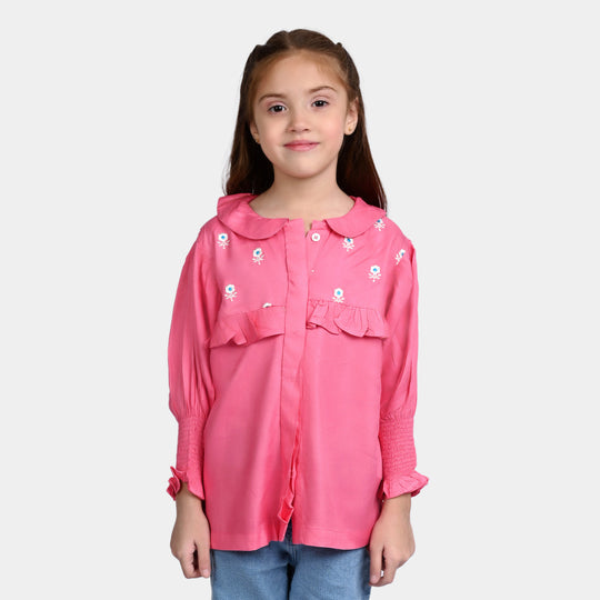 Girls Poly Twill EMB Top Flower Blog-Pink