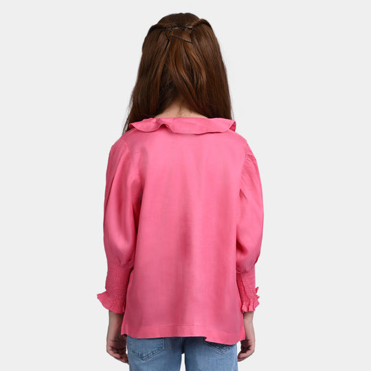 Girls Poly Twill EMB Top Flower Blog-Pink