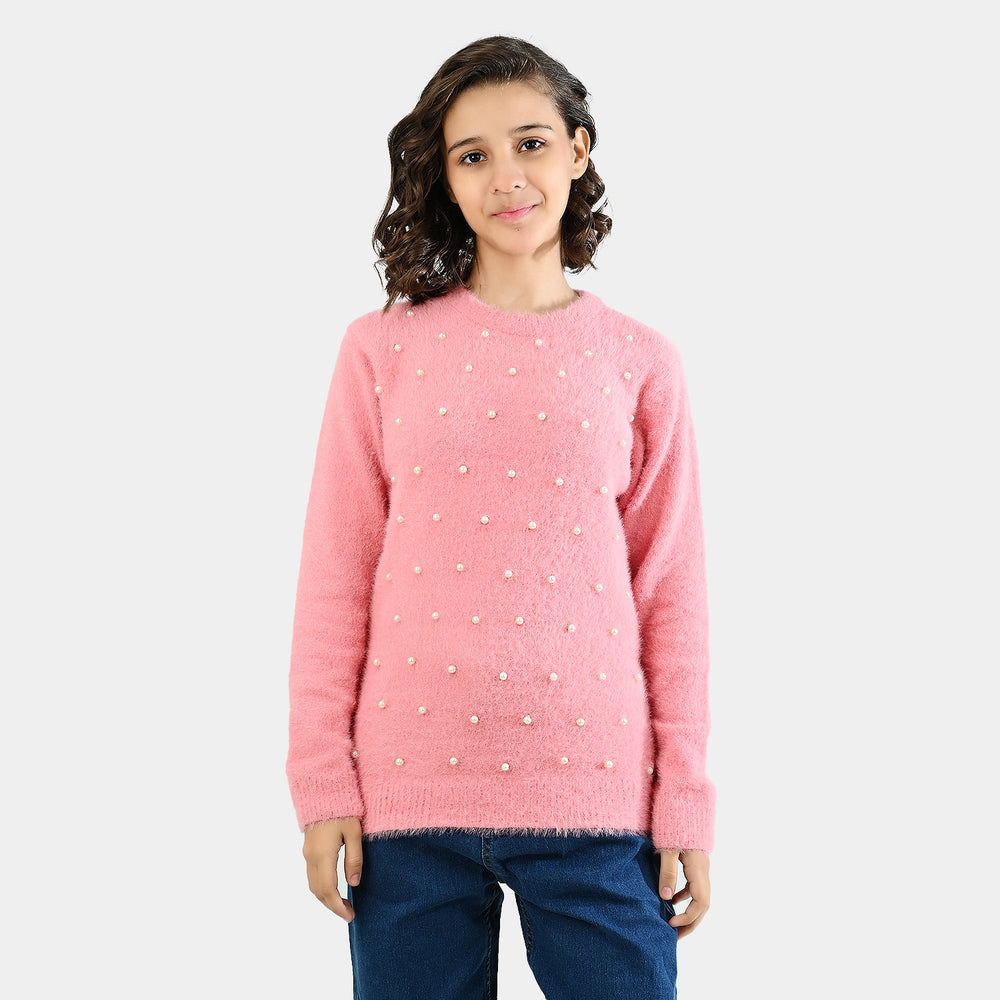 Teens Girls Acrylic Sweater Pearls-Pink