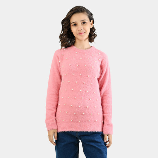 Teens Girls Acrylic Sweater Pearls-Pink