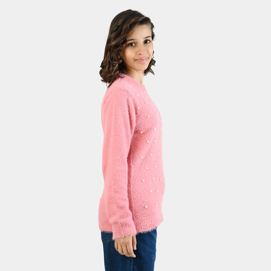 Teens Girls Acrylic Sweater Pearls-Pink