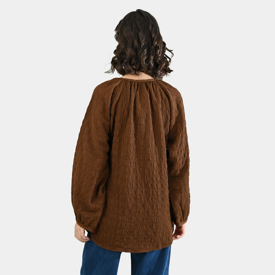 Teens Girls Poly Viscose Casual Top Crinkle-BROWN