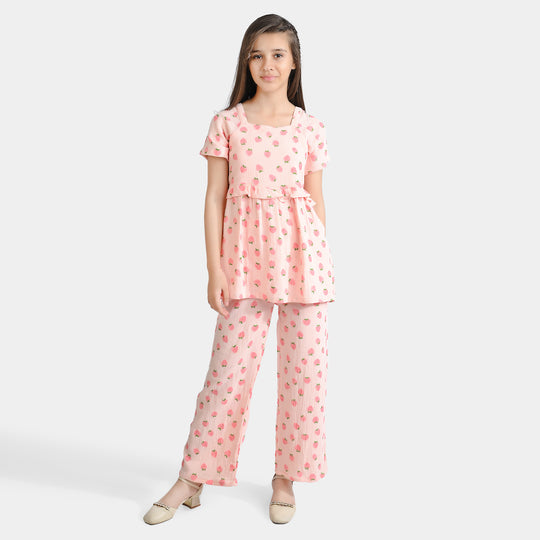 Girls Cotton Co-Ord Set Strawberry-Pink