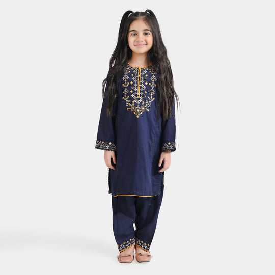 Girls poly cambric Emb 2Pcs Suit Tarz-Navy Blue