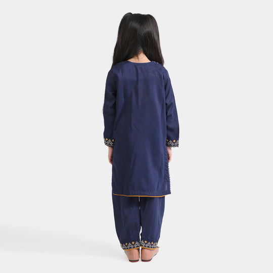 Girls poly cambric Emb 2Pcs Suit Tarz-Navy Blue