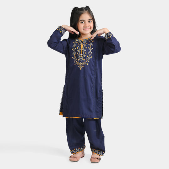 Girls poly cambric Emb 2Pcs Suit Tarz-Navy Blue