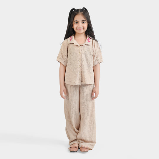 Girls Poly Crinkle 2 Piece Suit Flora-KHAKI